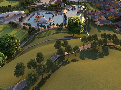 Scenic Amusement Park With Round Fountain Green Lawn Walking Paths And Trees 3d model