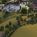 Scenic Amusement Park With Round Fountain Green Lawn Walking Paths And Trees