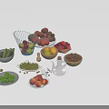 Garden Decor with Assorted Fresh Fruits Nuts Vegetables in Wooden Bowls Metal Baskets Glass Jars