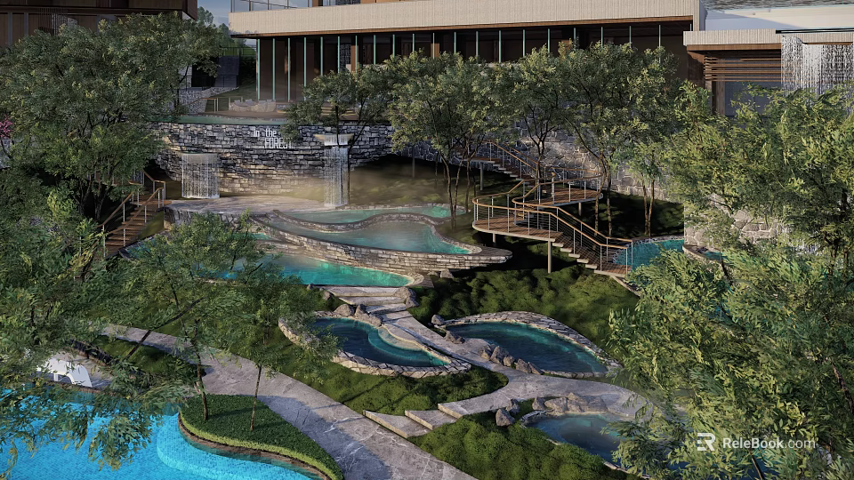 Modern Hotel Building with Hot Spring Pools Lush Greenery and Water Features in Natural Surroundings 3d model 