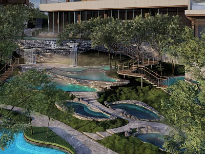 Modern Hotel Building with Hot Spring Pools Lush Greenery and Water Features in Natural Surroundings 3d model
