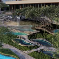 Modern Hotel Building with Hot Spring Pools Lush Greenery and Water Features in Natural Surroundings