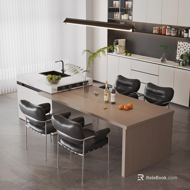 Modern Wooden Dining Table Set With Four Black Leather Chairs And Kitchen Elements 3d model