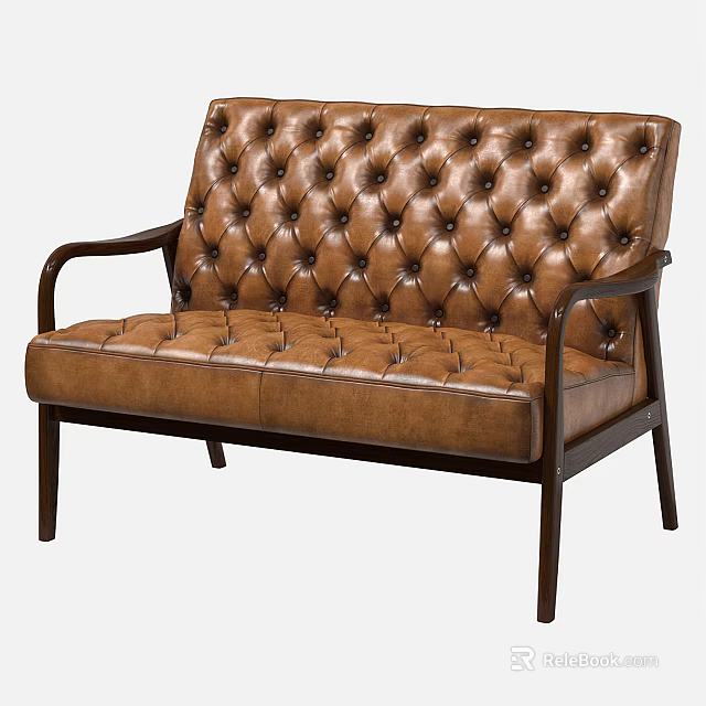 Brown Leather Multi Seat Sofa With Tufted Back And Wooden Armrests 3d model 
