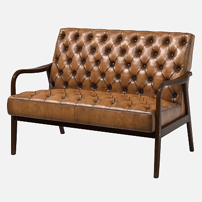 Brown Leather Multi Seat Sofa With Tufted Back And Wooden Armrests 3d model