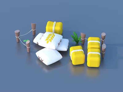 Yellow And White Sacks With Wheat Ear Patterns Wooden Stakes And Green Plants 3d model