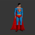 Male Superhero in Blue Costume with Red S Symbol Red Cape and Boots Standing on Gray Background