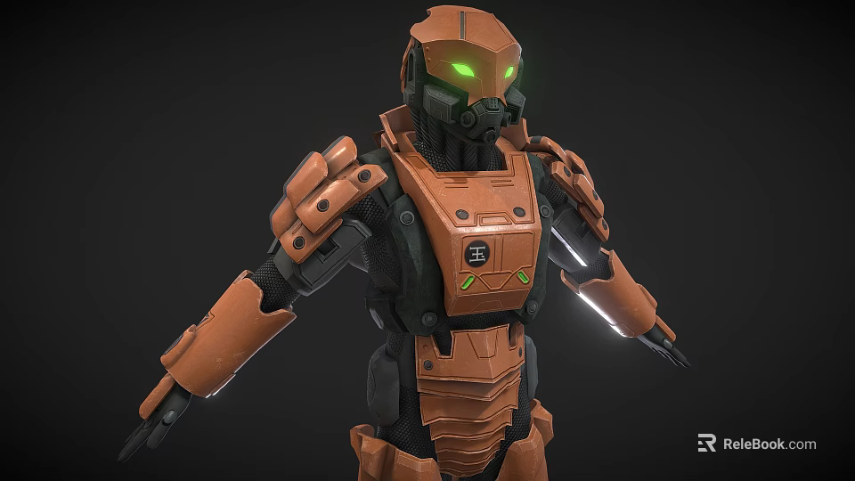 Detailed Futuristic Armored Character With Orange Exoskeleton And Green Glowing Eyes 3d model
