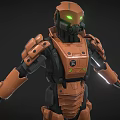 Detailed Futuristic Armored Character With Orange Exoskeleton And Green Glowing Eyes 3d model