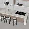 Bar Dining Table and Chair Combination Marble Bar Counter Middle Island Dining Table Metal Bar Chair Marble Sideboard Induction Cooker Oven Sink Faucet Tableware Vase 3d model