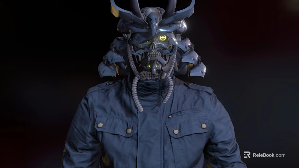 Futuristic Warrior Character With Biomechanical Samurai Helmet Horns Glowing Eyes Dark Coat Buttons Pockets 3d model 