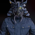Futuristic Warrior Character With Biomechanical Samurai Helmet Horns Glowing Eyes Dark Coat Buttons Pockets