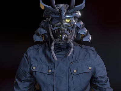 Futuristic Warrior Character With Biomechanical Samurai Helmet Horns Glowing Eyes Dark Coat Buttons Pockets 3d model