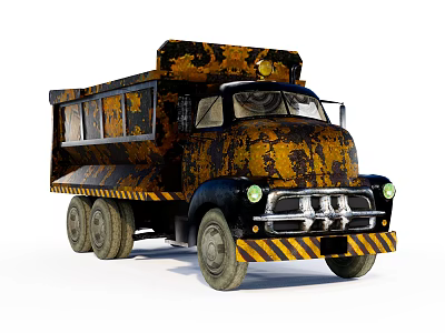 Old Rusty Yellow And Black Dump Truck With Worn Camouflage Design And Headlights 3d model