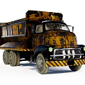 Old Rusty Yellow And Black Dump Truck With Worn Camouflage Design And Headlights