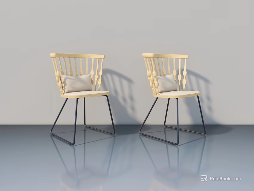 Two Light Wooden Chairs With Black Metal Legs White Cushions Gray Wall Reflective Floor 3d model 