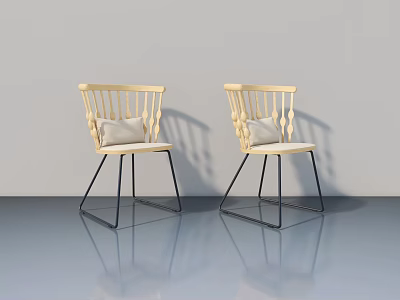 Two Light Wooden Chairs With Black Metal Legs White Cushions Gray Wall Reflective Floor 3d model