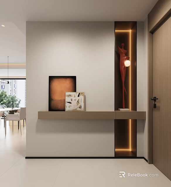 Modern Entryway Hallway Interior Design With Console Table Decorative Painting Sculpture And Ambient Lighting 3d model 