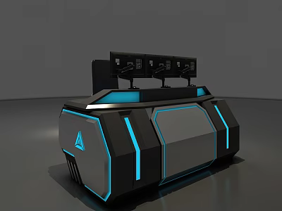 Futuristic Table And Chair Set With Blue LED Lights And Multiple Monitors 3d model