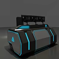 Futuristic Table And Chair Set With Blue LED Lights And Multiple Monitors