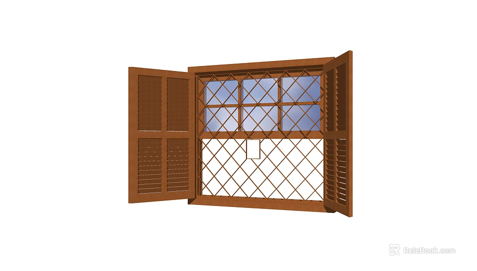 Open Wooden Window Shutters Revealing Diamond Lattice Glass Window Panel 3d model 