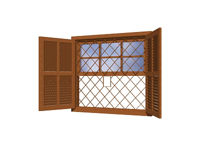 Open Wooden Window Shutters Revealing Diamond Lattice Glass Window Panel 3d model