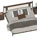 Double Bed with Wooden Headboard White Gray Bedding Pillows and Nightstands with Lamp and Book