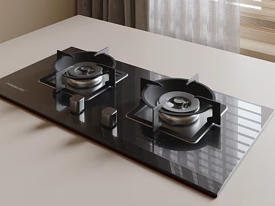 Modern Gas Stove With Black Glass Surface And Double Burners 3d model