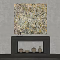 Modern Home Interior With Abstract Painting Above Dark Fireplace And Ceramic Vases