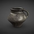 Ancient Black Pottery Vessel With Handle And Surface Cracks Texture