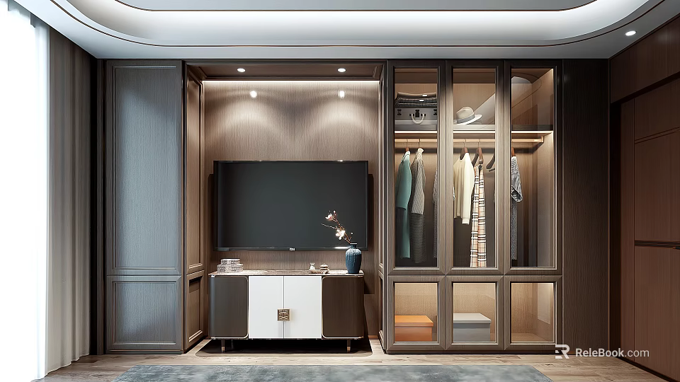Modern Wardrobe Interior Design With Glass Doors Hanging Clothes And TV Panel 3d model 