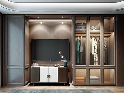 Modern Wardrobe Interior Design With Glass Doors Hanging Clothes And TV Panel 3d model