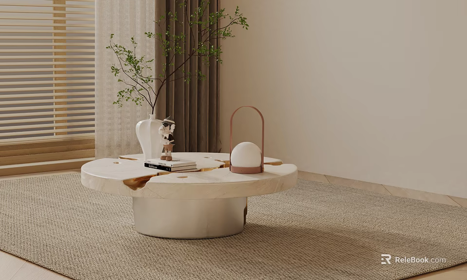 Elegant Modern Sofa And Coffee Table Set With White Marble Round Top And Green Plant 3d model 