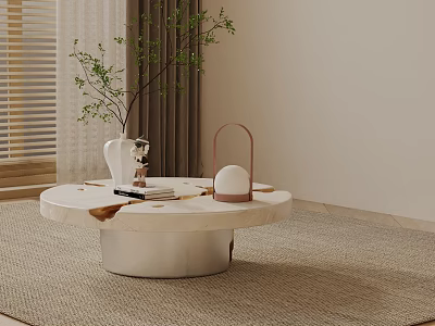 Elegant Modern Sofa And Coffee Table Set With White Marble Round Top And Green Plant 3d model