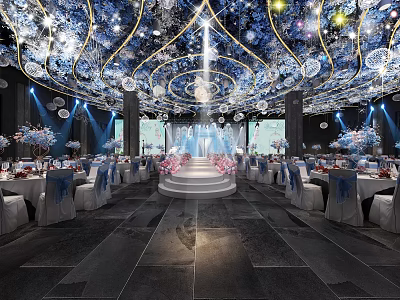 Elegant Modern Banquet Hall Interior With Crystal Chandeliers Stage And Dining Tables 3d model