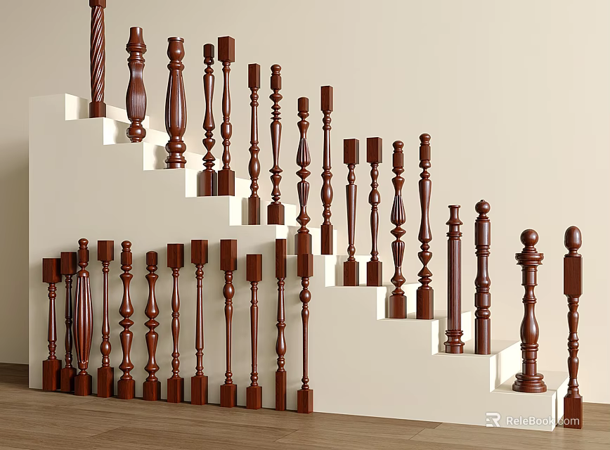 Wooden Balusters Arranged On White Stairs With Various Designs In Modern Interior 3d model 