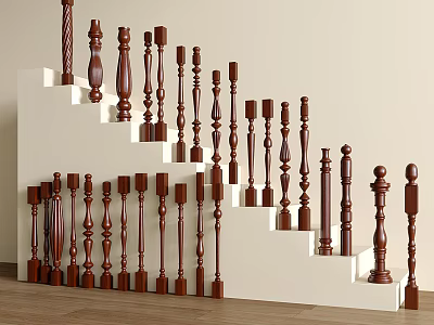 Wooden Balusters Arranged On White Stairs With Various Designs In Modern Interior 3d model