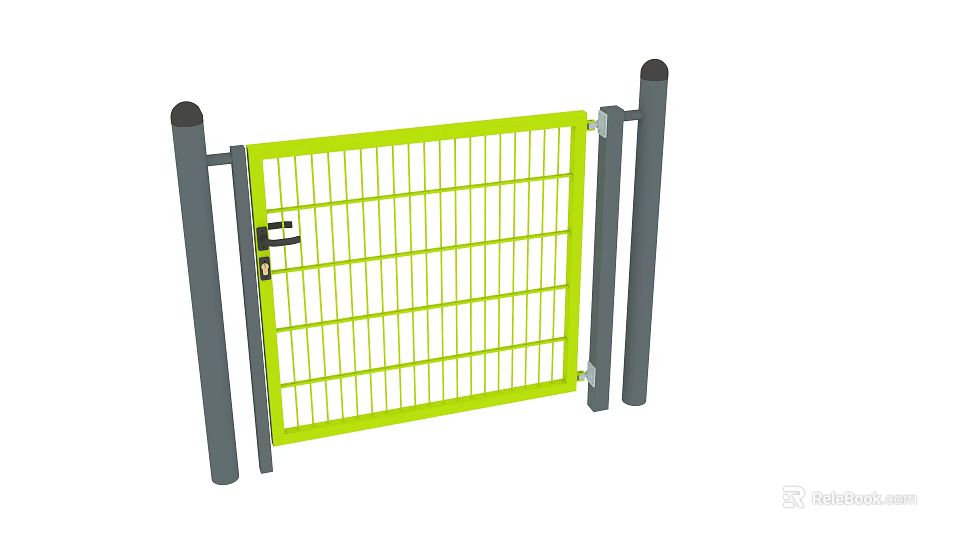 Green Metal Security Fence Gate With Grid Design And Gray Posts 3d model