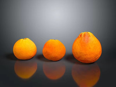 Three Oranges of Different Sizes on Black Background with Reflections 3d model