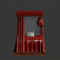 Red Canopy Double Bed With Curtains Wooden Frame Gray Pillow And Stitched Details