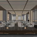 Elegant Chinese Style Restaurant Interior With Wooden Ceiling Tables Chairs Windows And Cabinets