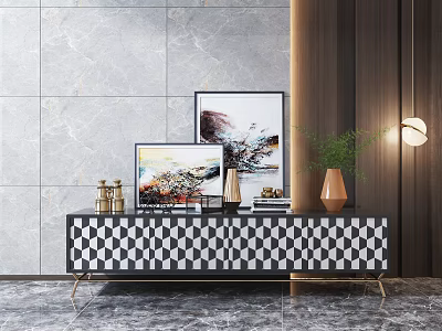 Modern TV Wall Interior Design With Marble Background Artwork And Checkerboard Stand 3d model