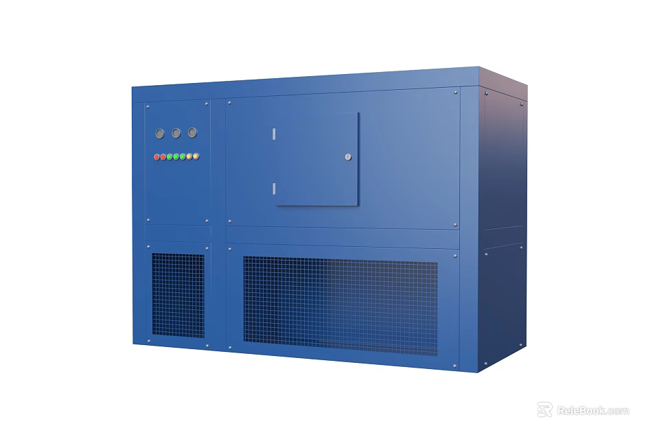Blue Industrial Equipment Unit With Control Panel Knobs Indicator Lights Ventilation Grilles And Secure Door 3d model 