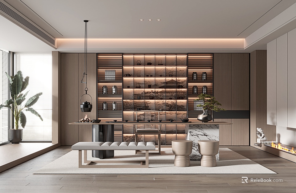 Modern Tea Room Interior Design With Wooden Shelves Tea Sets Lighting And Seating Area 3d model 