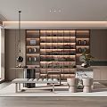 Modern Tea Room Interior Design With Wooden Shelves Tea Sets Lighting And Seating Area