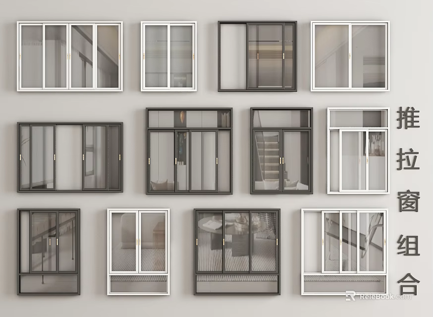 Sliding Window Combinations With Various Modern Styles Frame Designs And Glass Options 3d model