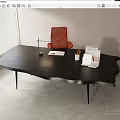 Modern Black Office Desk With Table Lamp Open Book Pencils Folder Red Chair And Natural Light