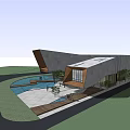 Modern Geometric Architectural Building With Glass Metal Facade Greenery And Water Pool