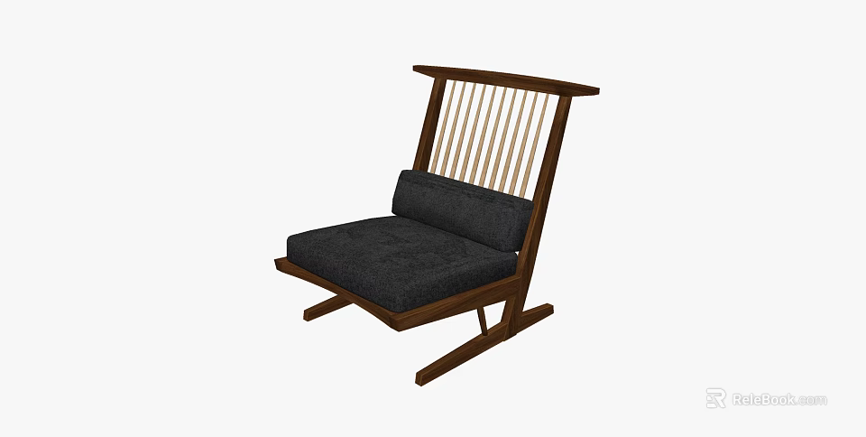 Modern Wooden Frame Leisure Chair With Dark Cushion Slatted Backrest And Tilted Legs 3d model 