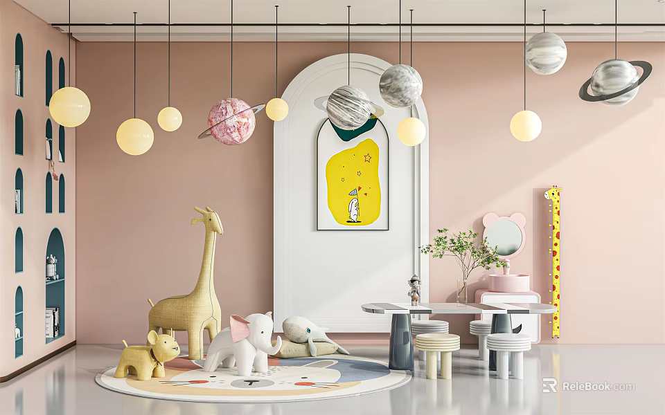 Pastel Pink Playroom Interior With Hanging Planet Decorations Giraffe Plush Round Rug And Small Table 3d model 